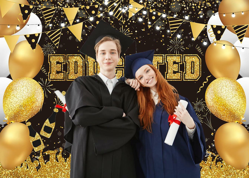 BUTEN Educated AF Graduation Banner 2025 Congrats Grad Black Gold 6x4FT