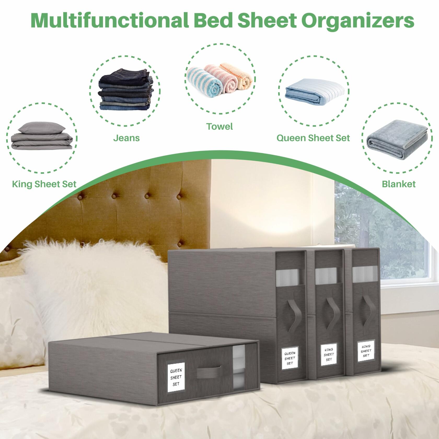 PARANTA Bed Sheet Organizers 10 Pack Foldable Linen Closet Grey 10pcs