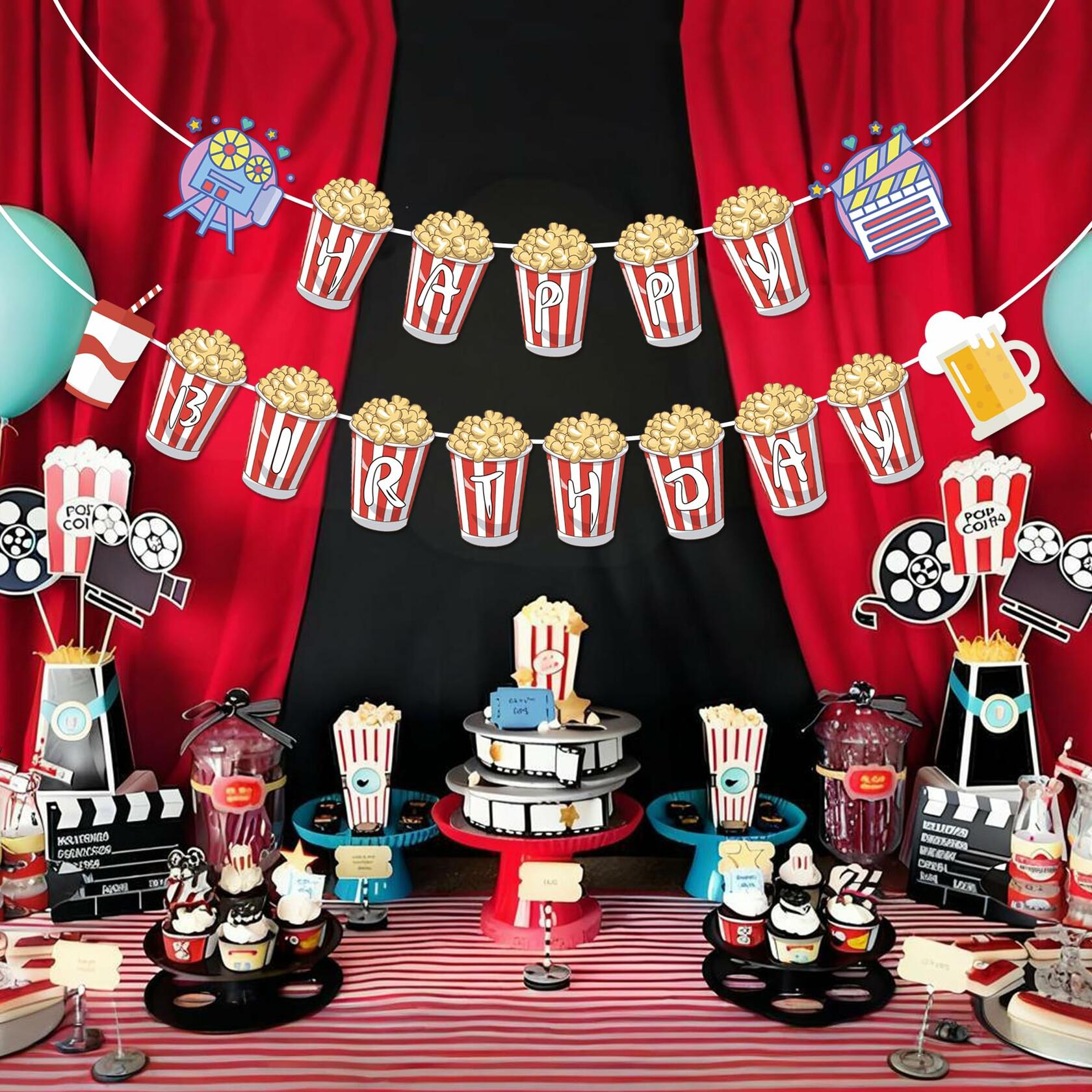 JIVELER Popcorn Happy Birthday Banner Movie Night Theme Multi-color Garland
