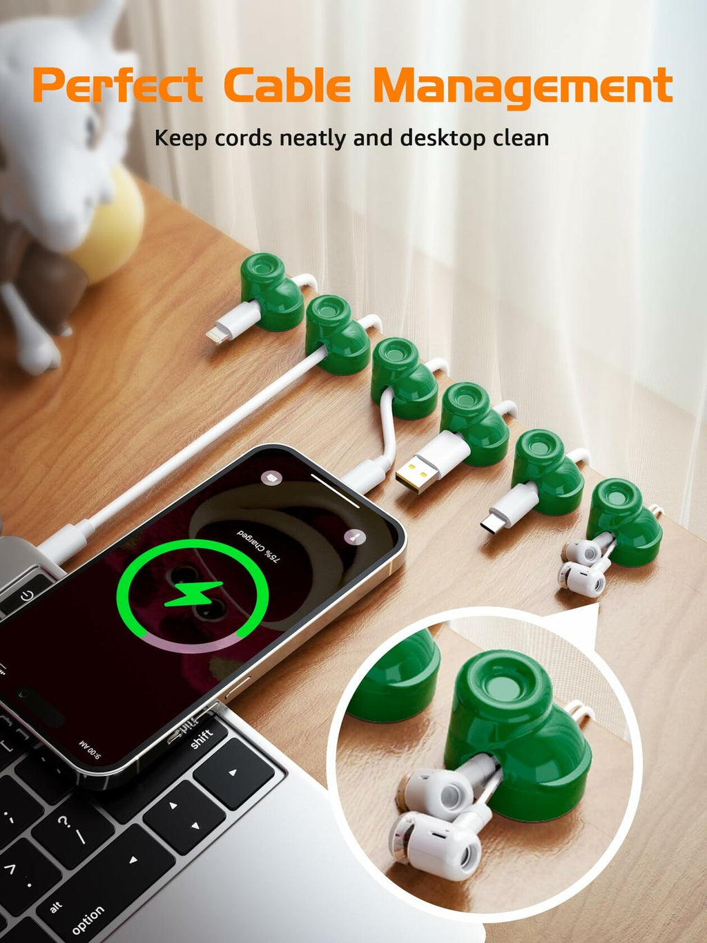 gliship 6 Pack Magnetic Cable Clips Adjustable Cord Holder Green