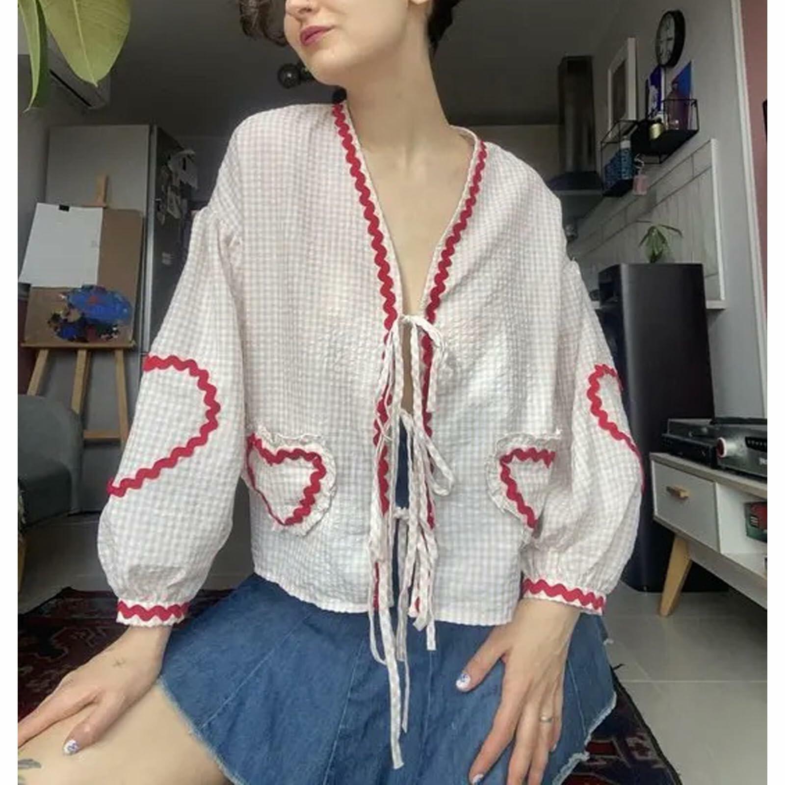 MANGMAO Gingham Babydoll Tie Front Puff Sleeve Top Khaki Size S