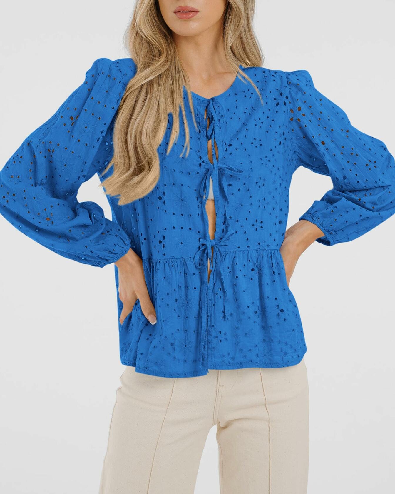 KIRUNDO Babydoll Long Sleeve Tie Front Eyelet Top Blue Size L