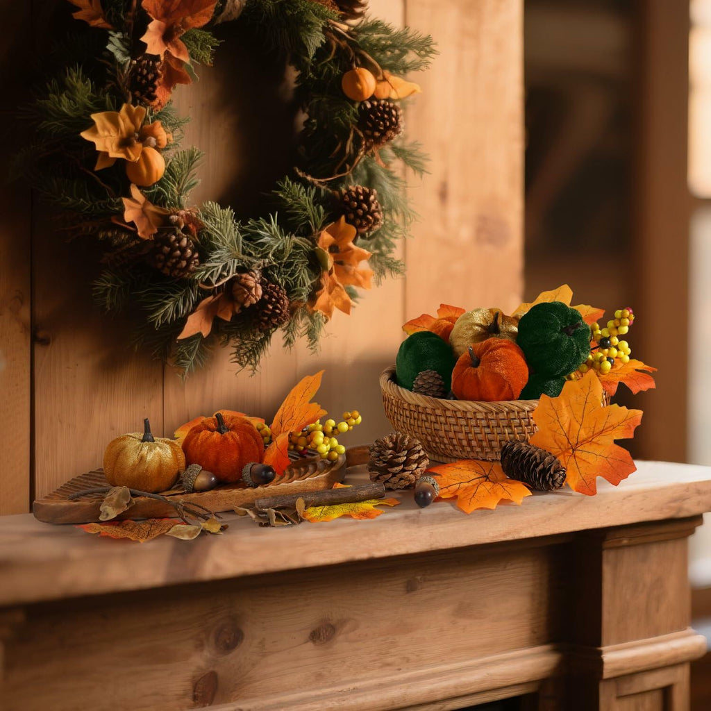 Artmag 25 PCS Fabric Pumpkins Set Fall Decor Maple Leaves Acorns Style 5