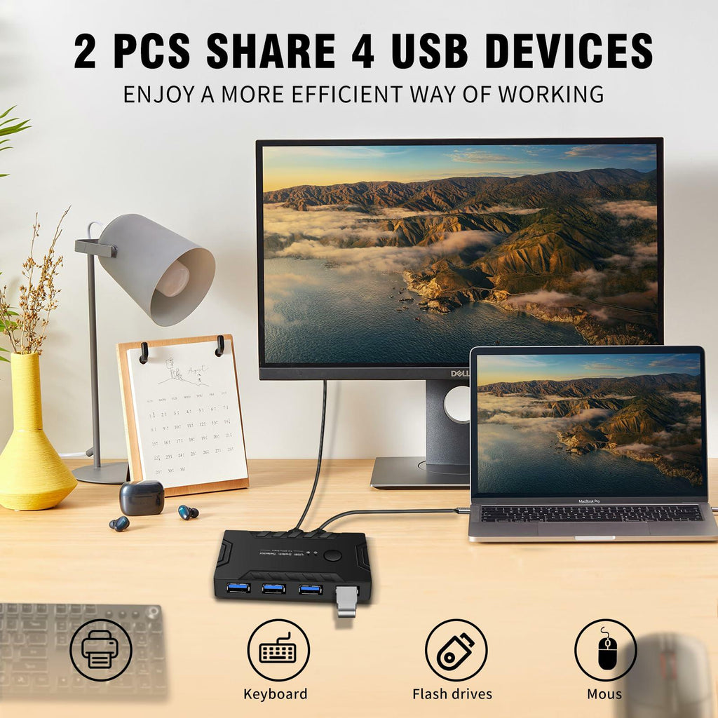 USB 3.0 KVM Switch 2 Computers Share 4 USB Devices One-Button + 2 USB Cables