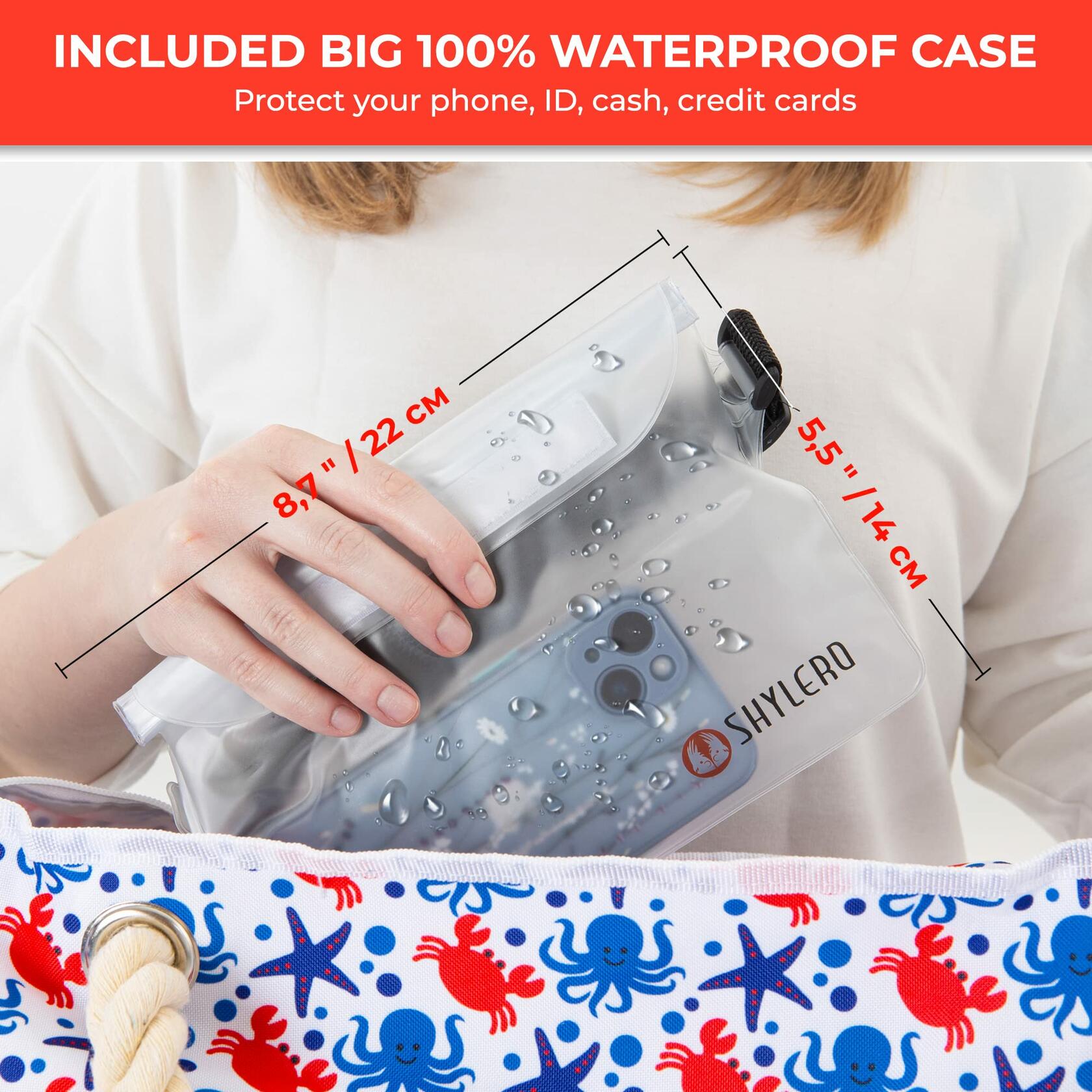 SHYLERO Waterproof Beach Tote Bag with Airtight Pouch & Key Holder L22xH15xW6
