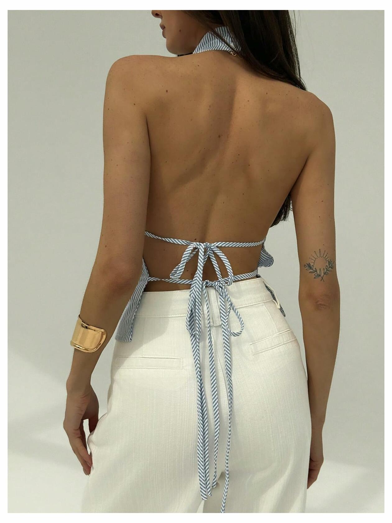 SOLY HUX Women's Striped Deep V Neck Bow Tie Backless Halter Top Blue Size S