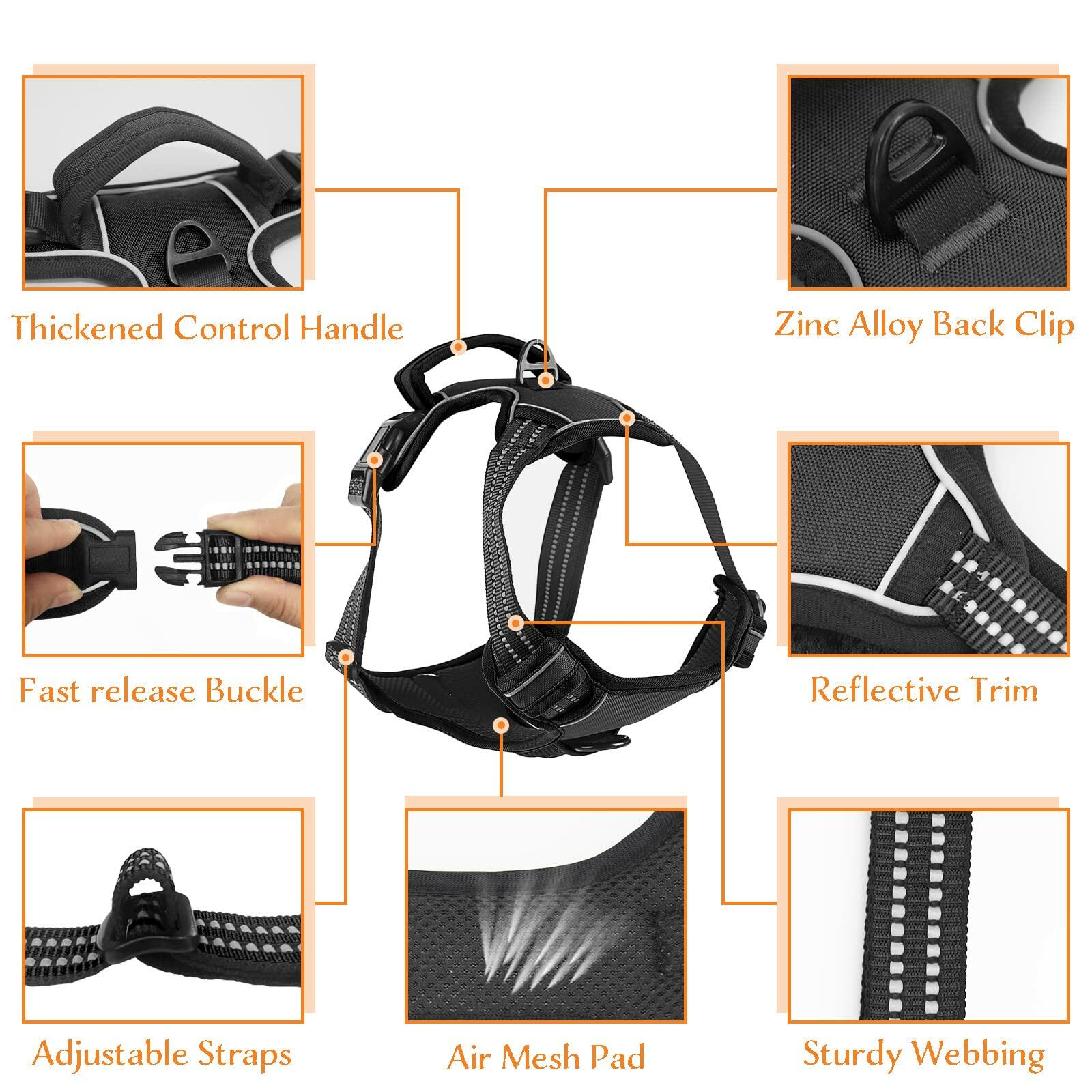 No Pull Dog Harness Adjustable Reflective Front Clip Padded Black Size L
