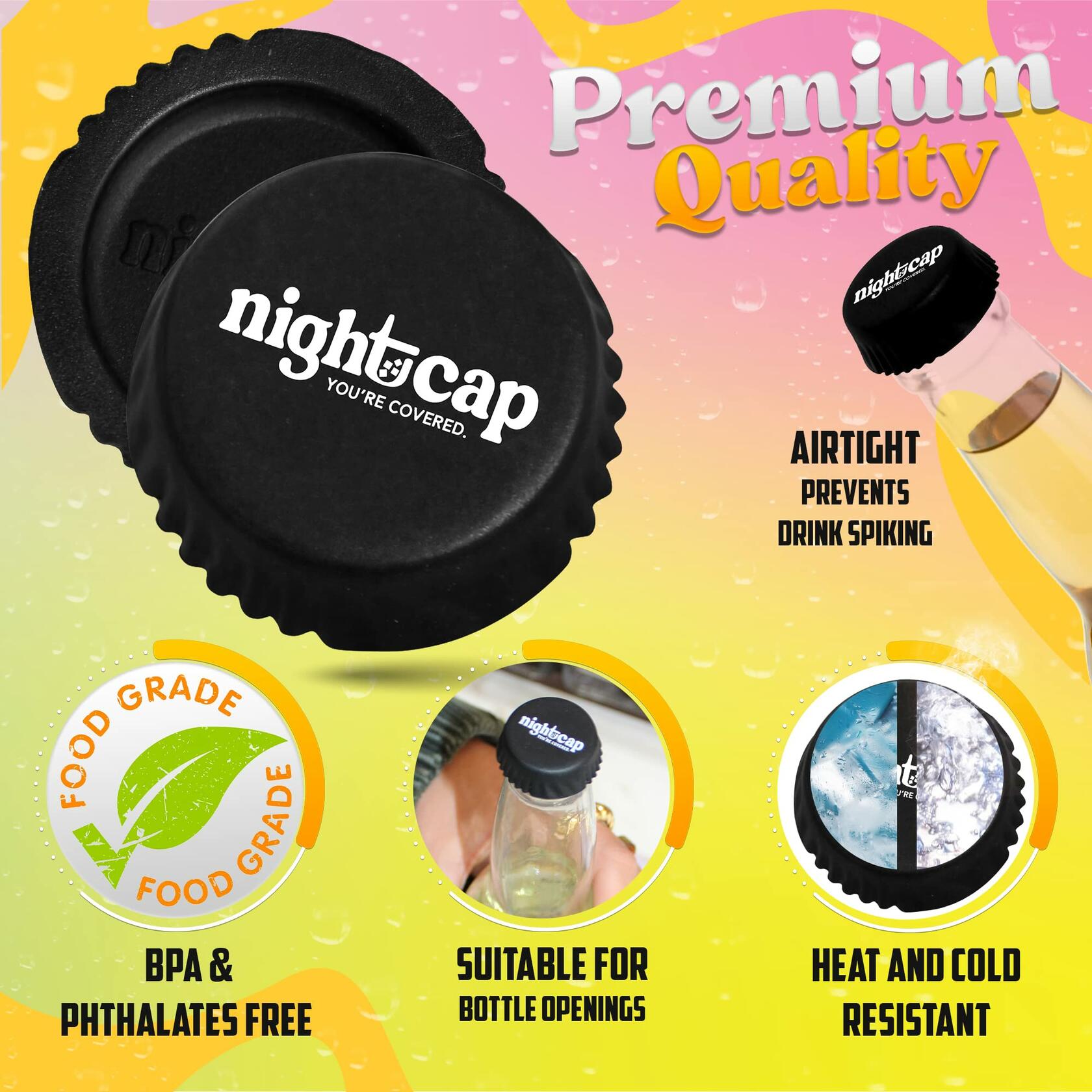 Nightcap Drink Spiking Prevention Bottle Caps Silicone Beer Wine 2 Pack