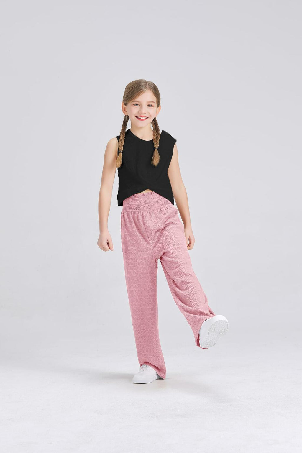 Handfrog Girls 2PC Tie Knot Crop Top & Wide Leg Pants Set Black/Pink Size 7-8Y