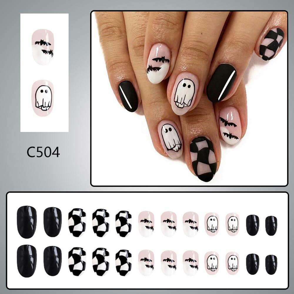 Halloween Press On Nails Short Square Ghost Pumpkin Bat Black Nails