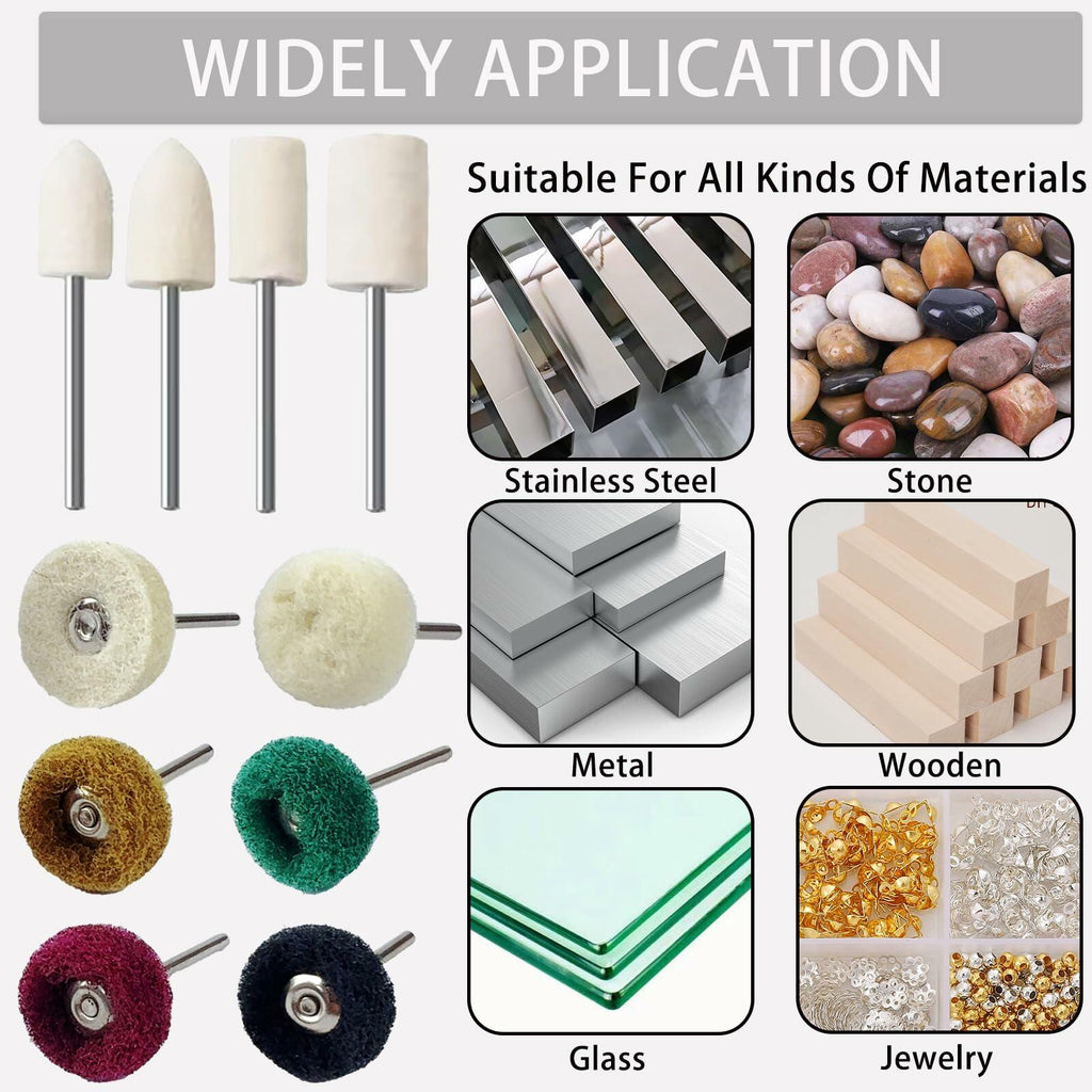 VZLQZJMKY 114 Pcs Wool Polishing Wheel Kit Rotary Tools 1/8" Shank Resin