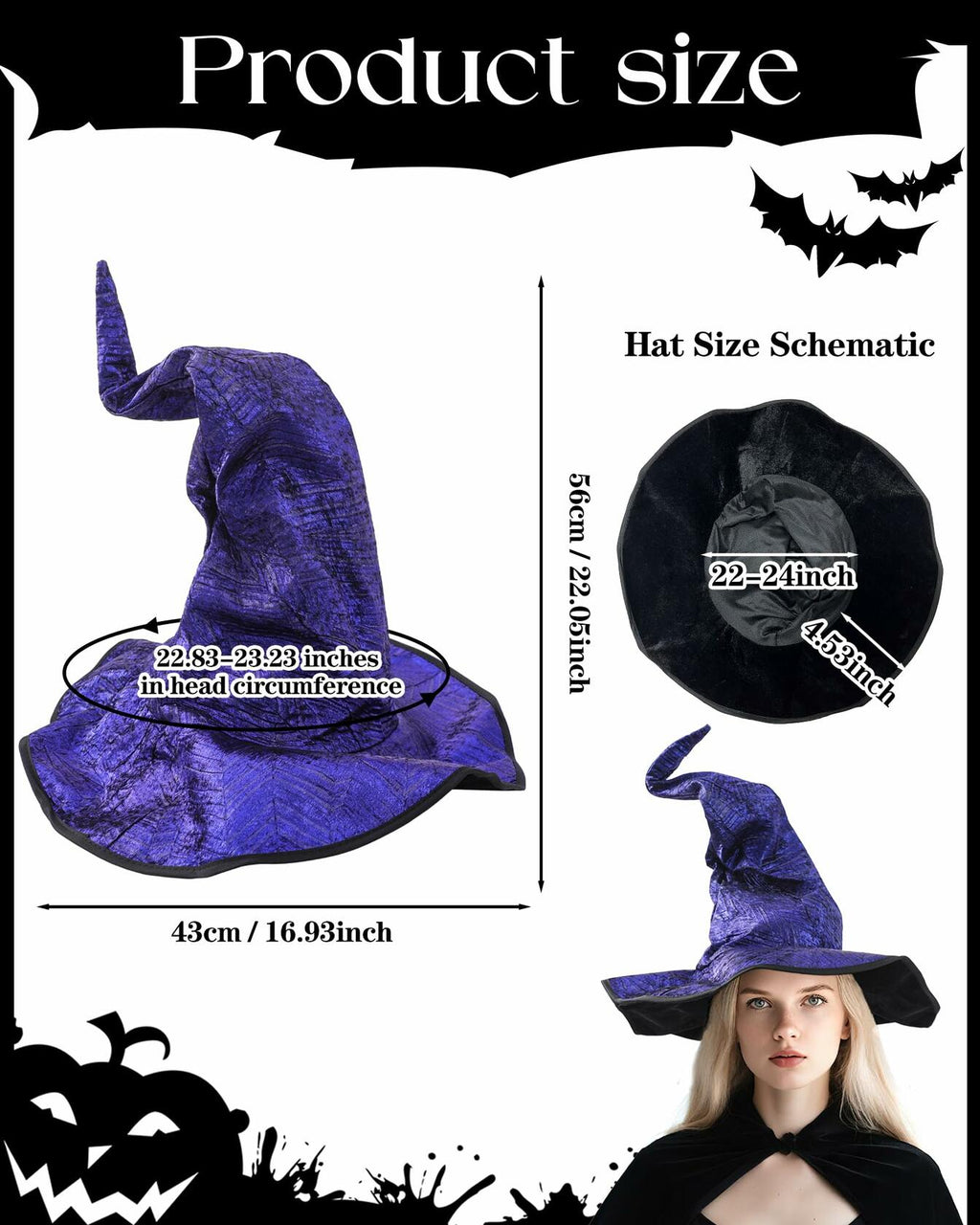 RENEMEGO Purple Witch Hat Ruched Halloween Costume Adult Cosplay LARP