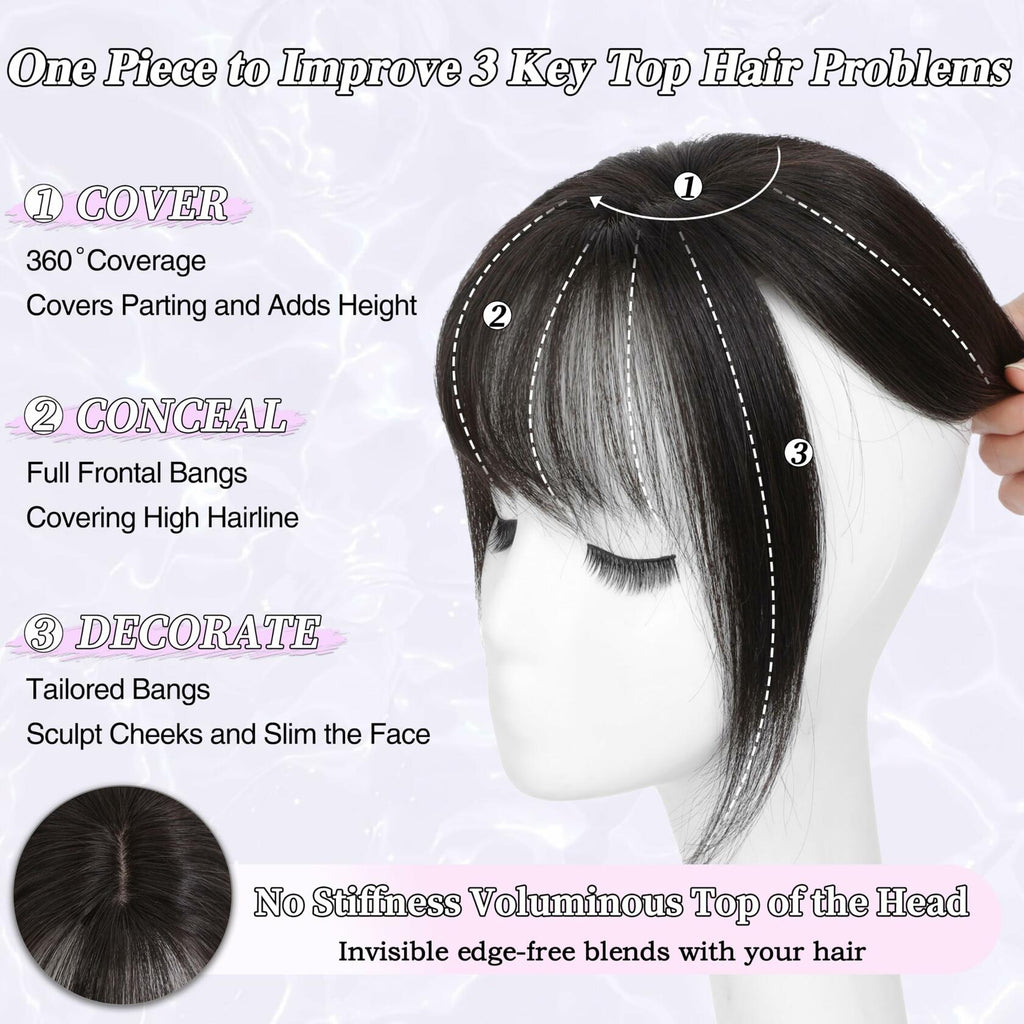 BUPPLER 360° 3D Hair Topper with Bangs for Thinning Hair 5x10 Brown Black