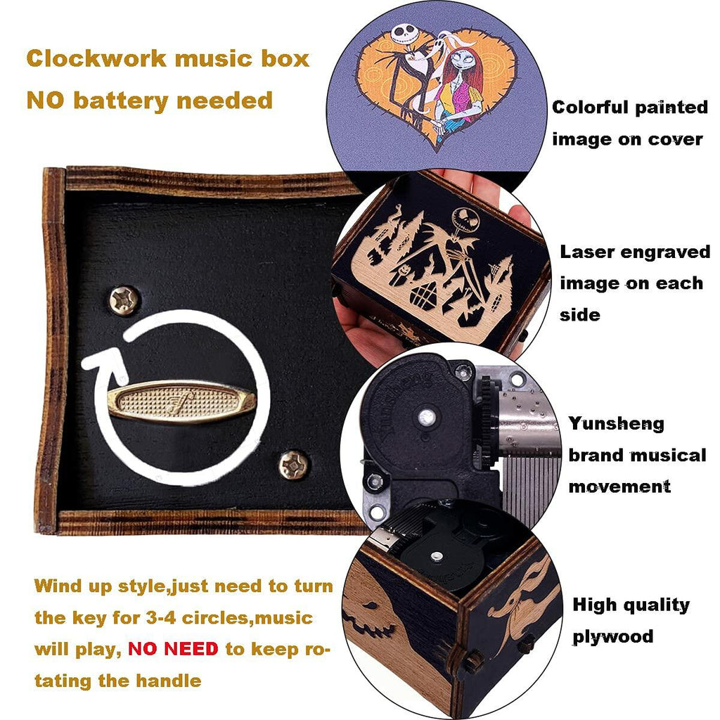 Wood Music Box Wind Up Laser Engraved Halloween Christmas Musical Gift
