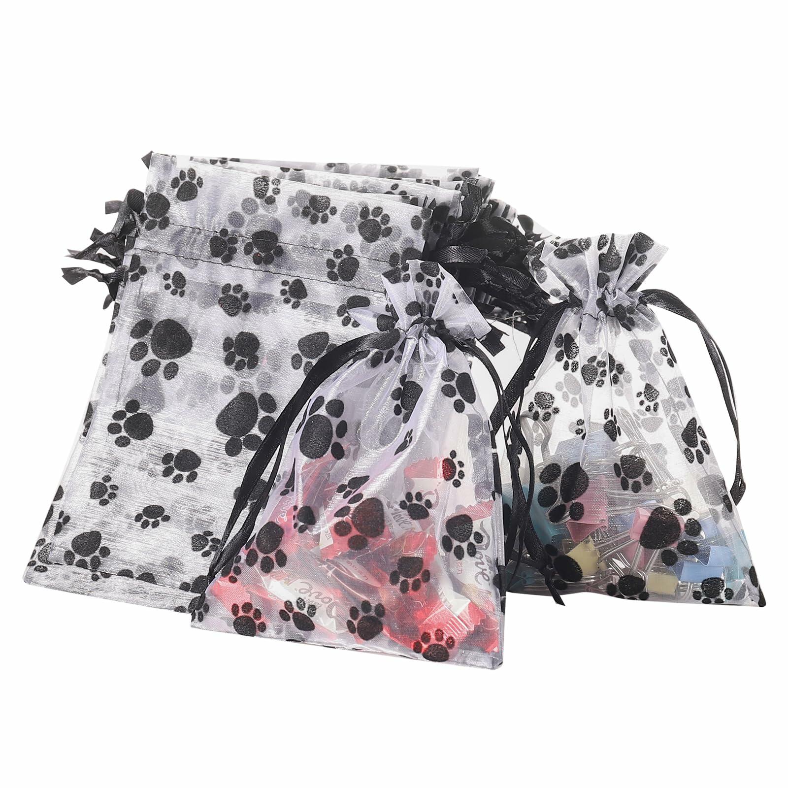 SHYRABBIT Paw Print Organza Drawstring Bags 8x12in White 10pcs