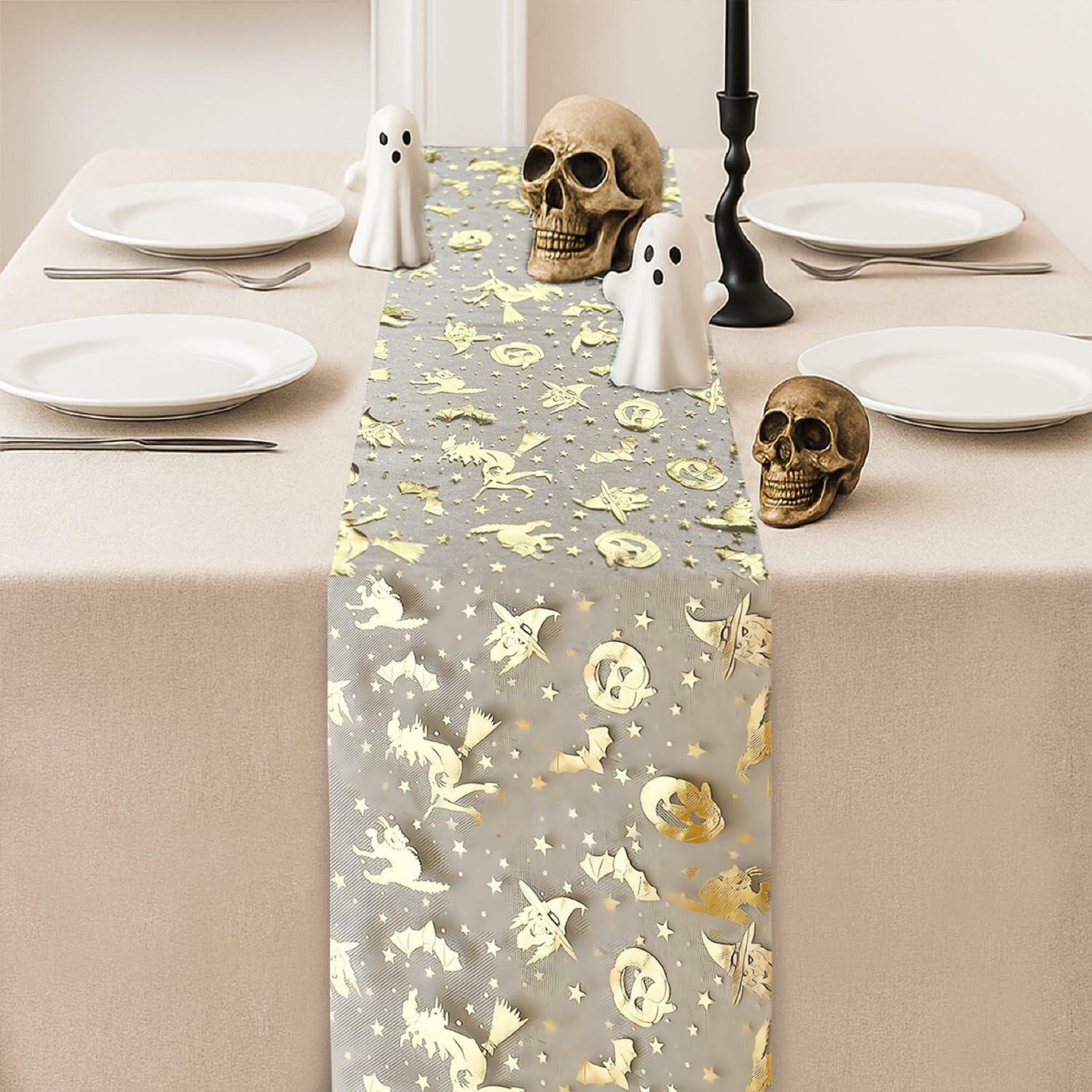 Sioloc Halloween Table Runner Gold Foil Witch Bat Pumpkin Sheer Polyester