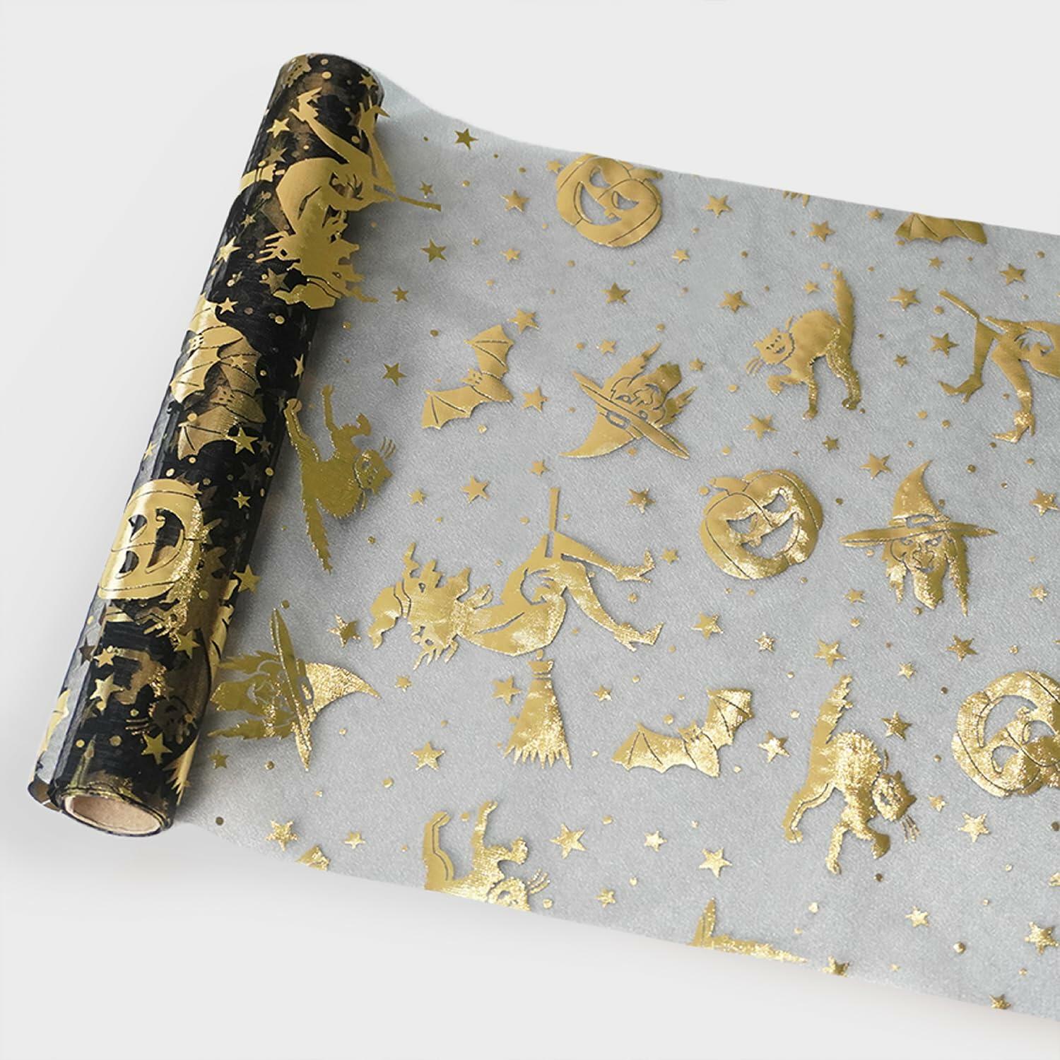 Sioloc Halloween Table Runner Gold Foil Witch Bat Pumpkin Sheer Polyester
