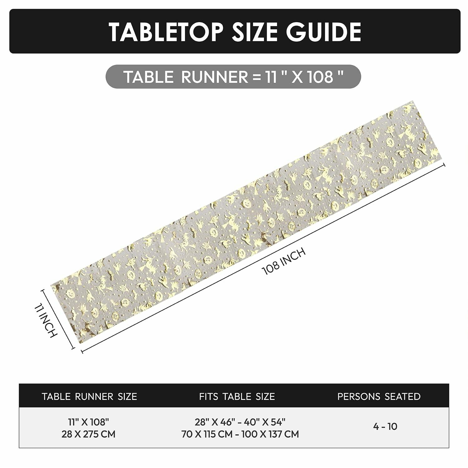 Sioloc Halloween Table Runner Gold Foil Witch Bat Pumpkin Sheer Polyester