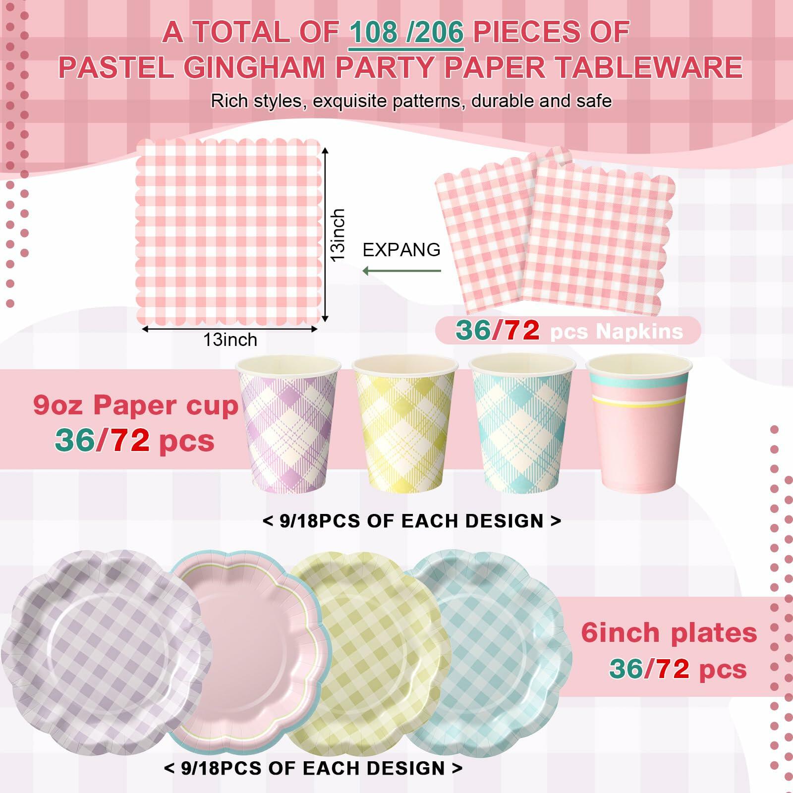 Yungyan 216 Pc Gingham Party Supplies Set Plates Cups Napkins Classic Color
