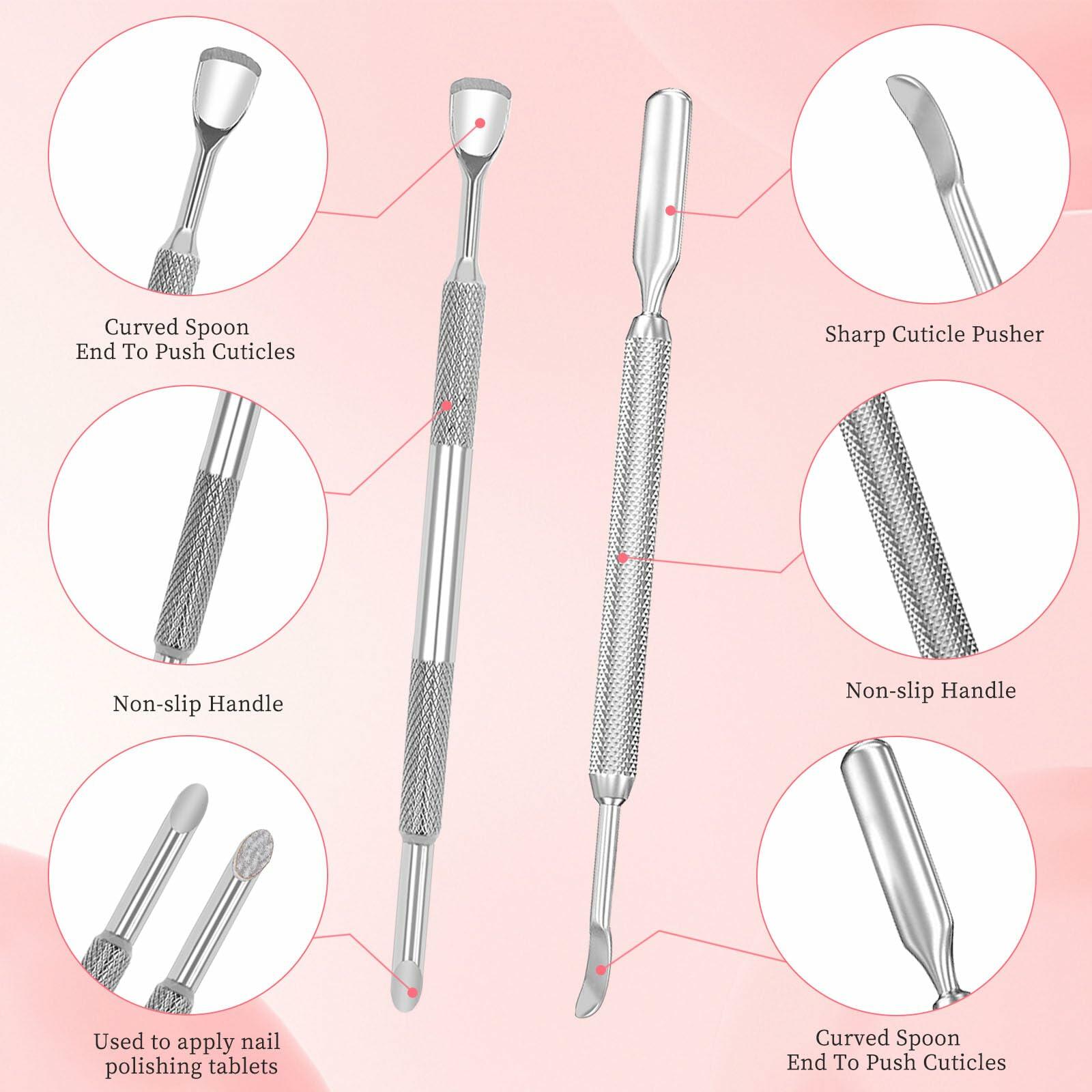 BOMOQING Cuticle Pusher 2PCS & 60 Nail Sand Polishing Tablets Silver Kit