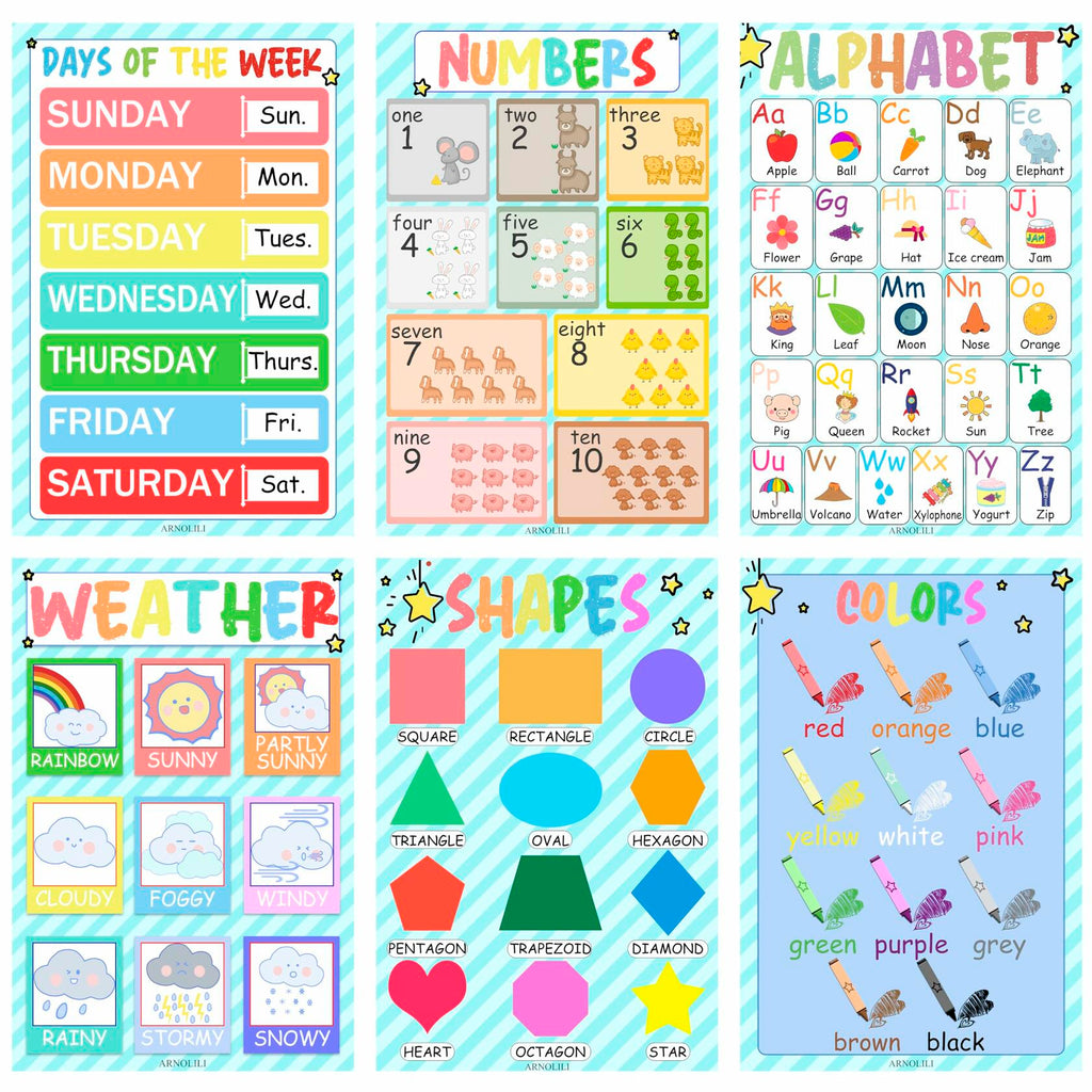 ARNOLILI Toddler Educational Canvas Posters 6 Pack ABC Numbers Shapes 12x18in