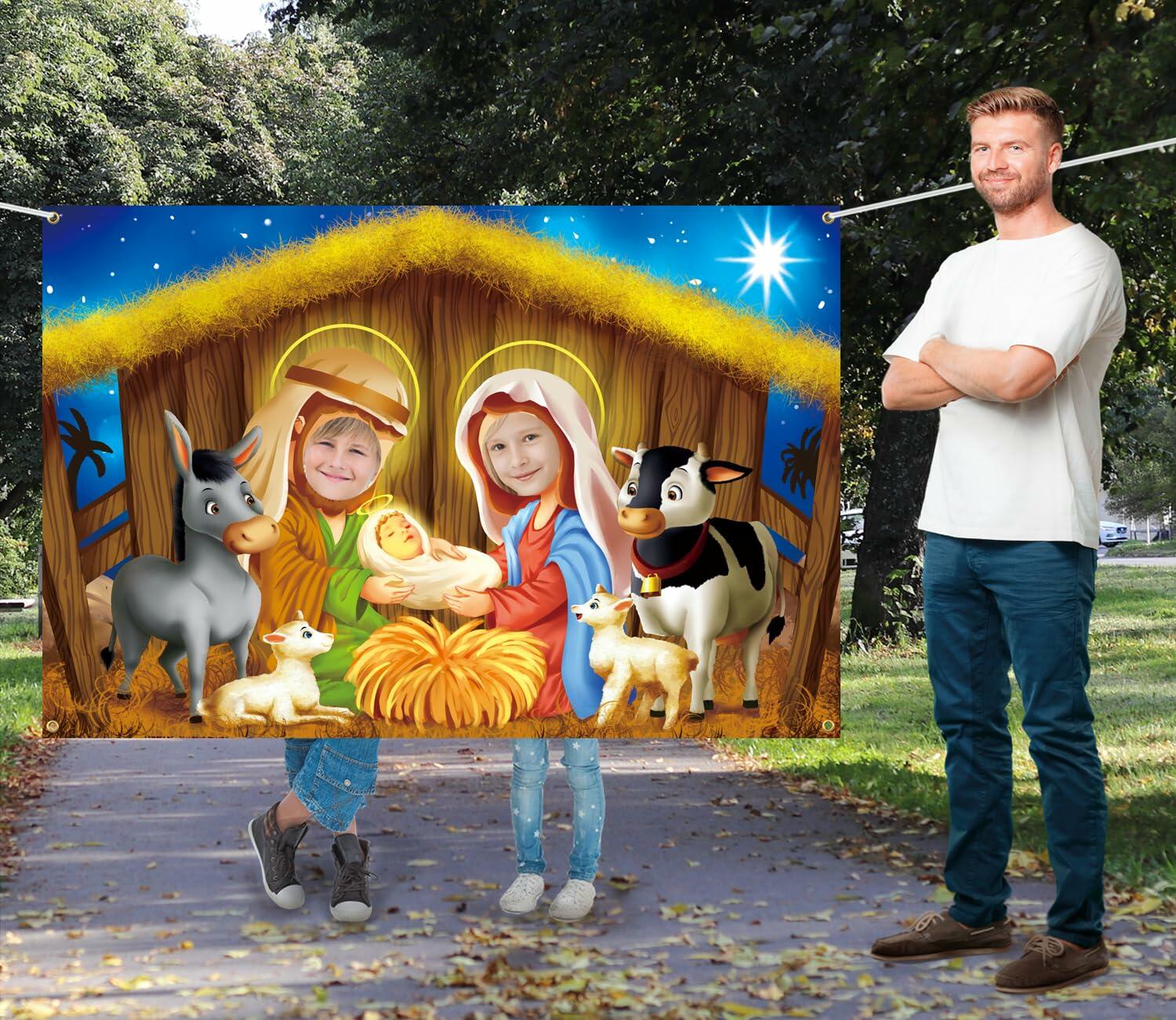 DoraDream Nativity Scene Face Hole Backdrop 5x3.3 ft Rustic Christmas
