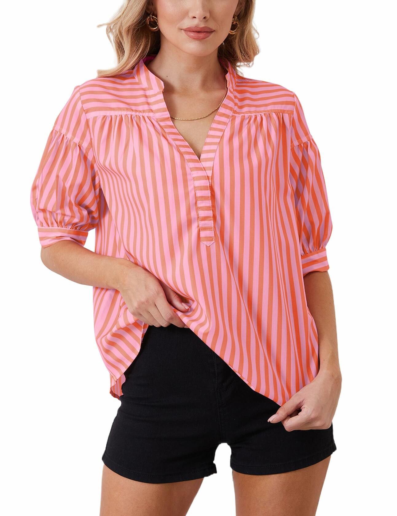 MSBESYOR Women Puff Short Sleeve Striped V Neck Blouse Pink Size M