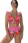 SPORLIKE Women High Waisted Triangle Bikini Cross Back Swimwear Castle Print M