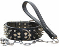 haoyueer Leather Spiked Studded Dog Collar & Chain Leash Set XL Black