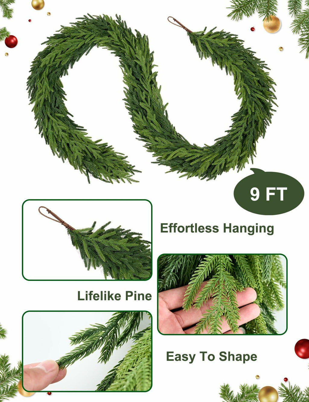 Aurdox 9FT Real Touch Norfolk Pine Garland Green Artificial Christmas