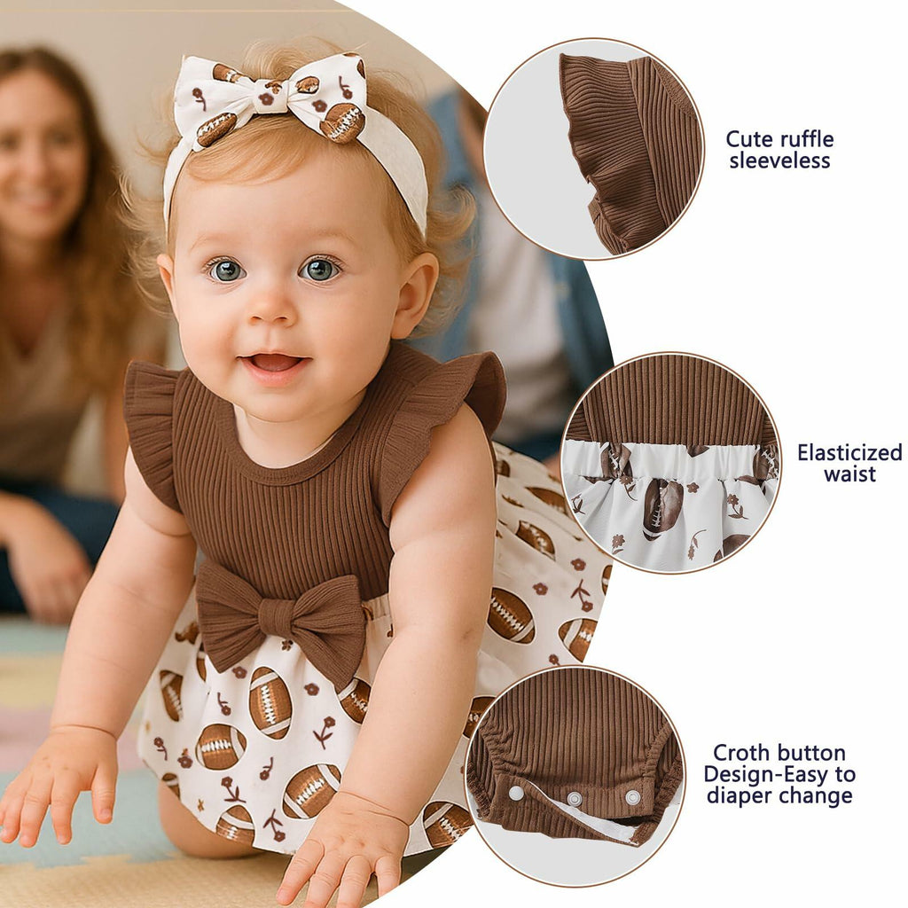 Chichoo Baby Girl Football Ruffle Sleeveless Romper Dress Headband Size 12-18M