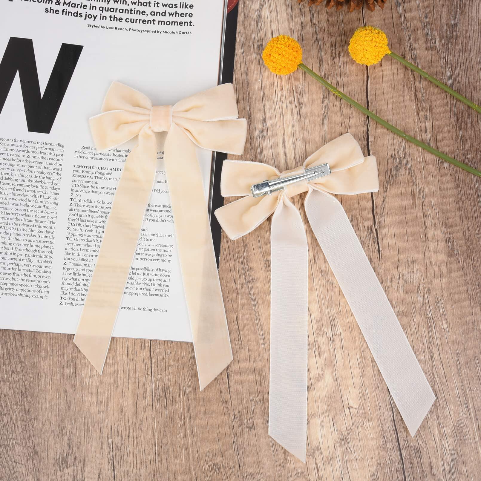 Aileam 2PCS Velvet Hair Bows Ivory Beige Big Fall Alligator Clips