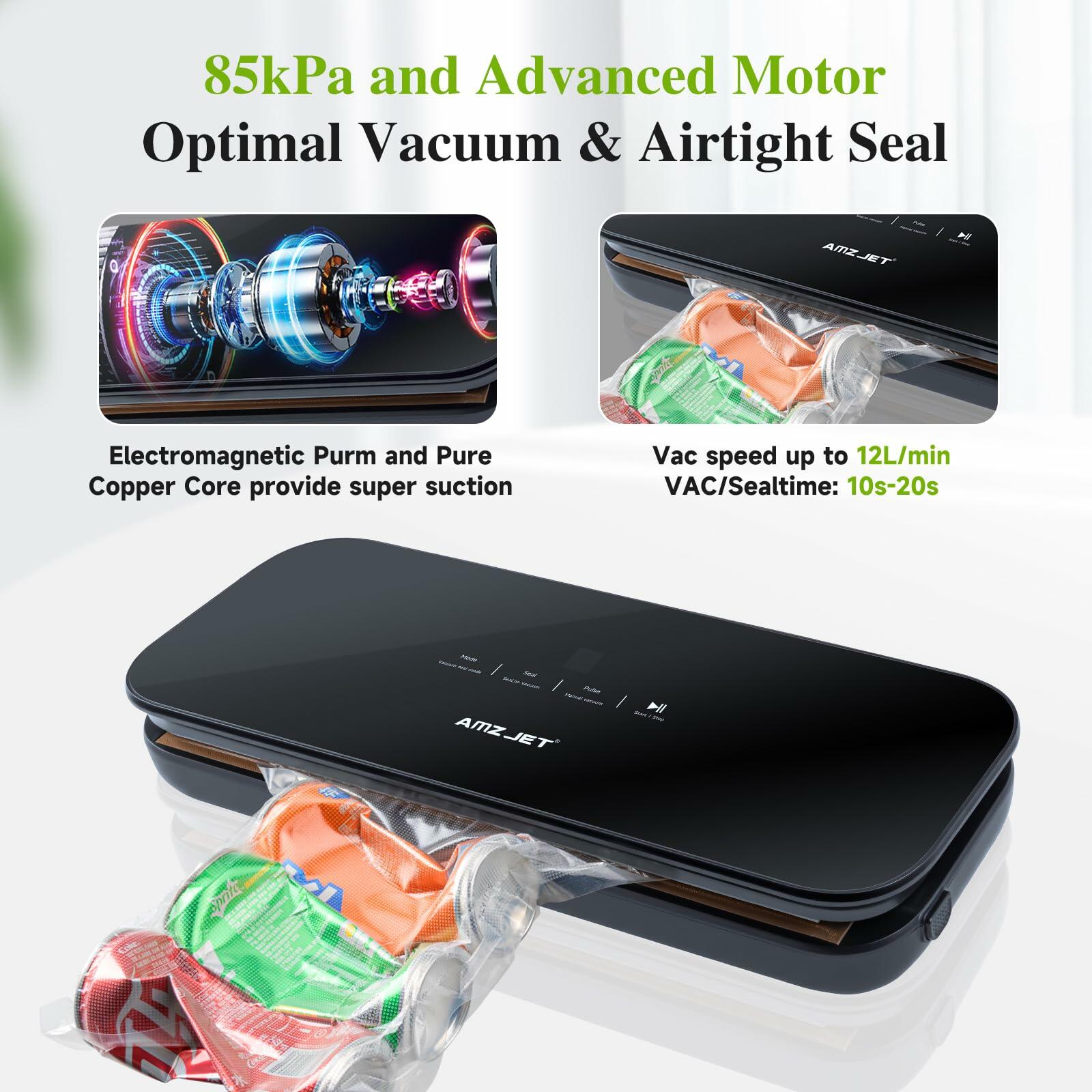 Amz Jet Vacuum Sealer Food LED Touch Digital Display Tempered Glass Black 50Bags