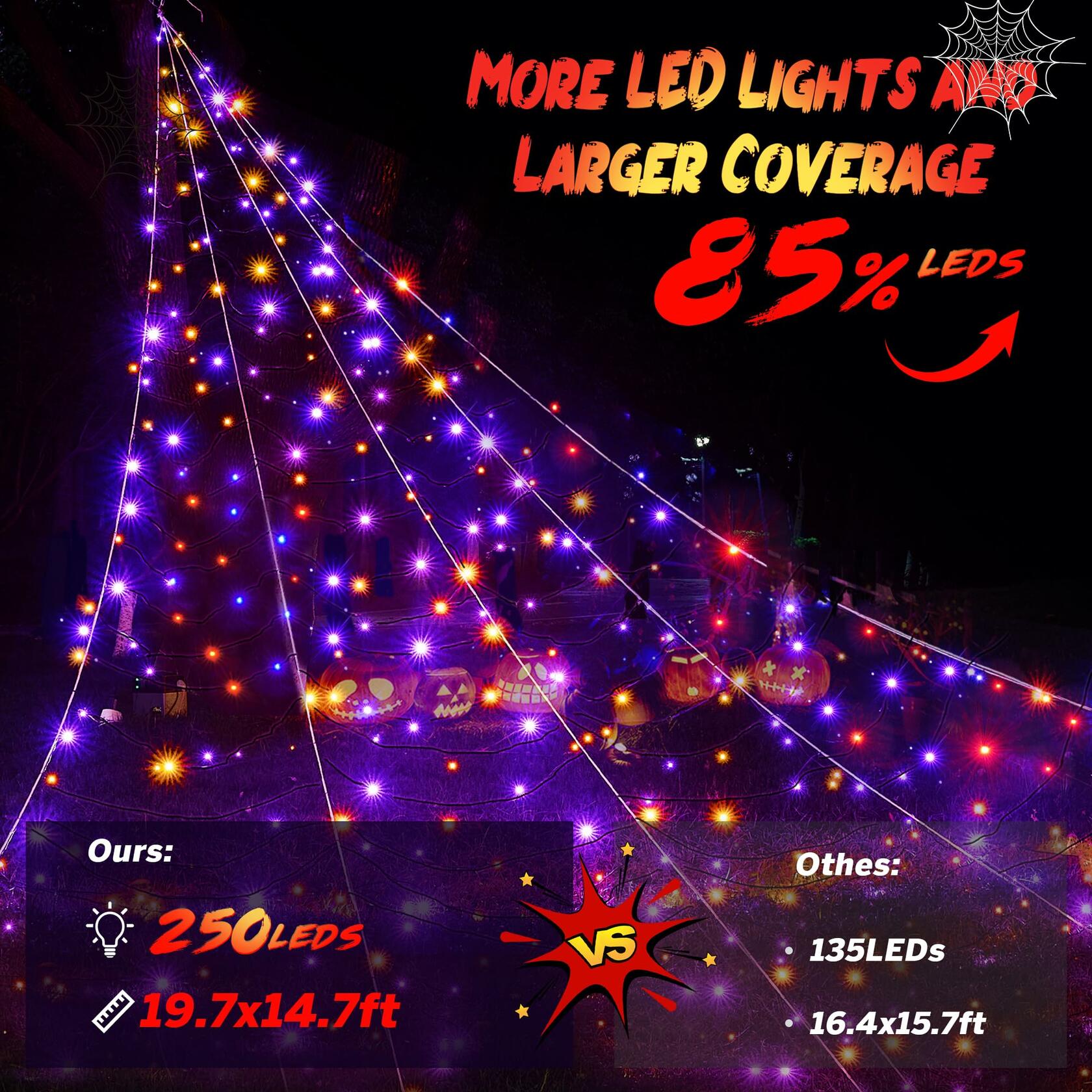 BlcTec Halloween Outdoor Spider Web 19.7x14.7ft White 250 LED Purple Orange