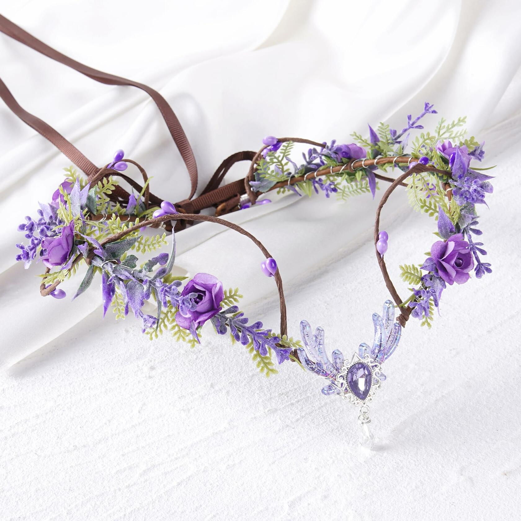 MOSTORY Purple Flower Fairy Crown Woodland Elf Headpiece Floral Circlet