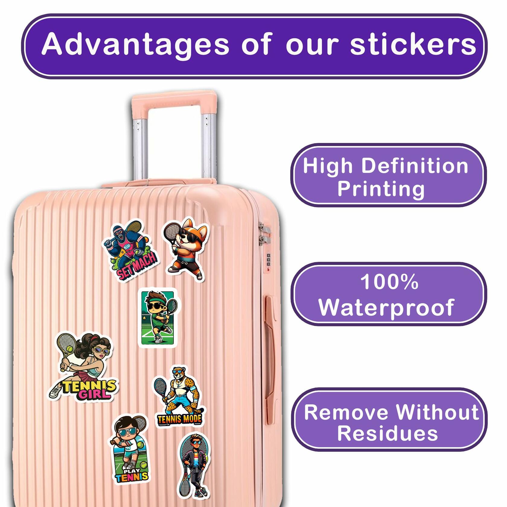 BIGZORO Tennis Stickers Waterproof Vinyl Decals 50 PCS Cartoon Sport