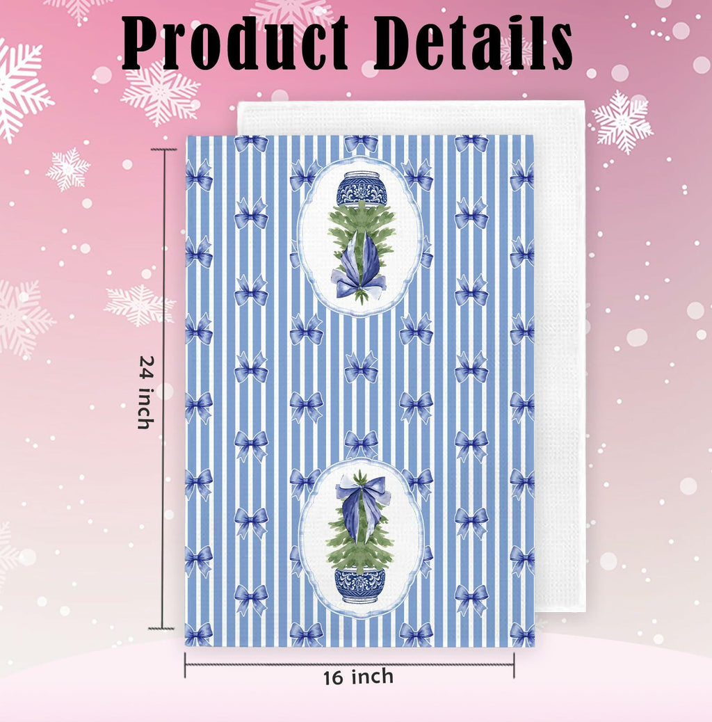BNHJKFQZ Christmas Kitchen Towels Blue Stripes & Wreath 16x24 Set of 2
