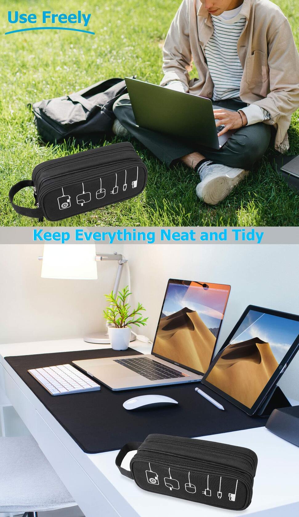 HESTECH Electronic Organizer Travel Cable Case Double Layer Medium Black 9x4x3.5