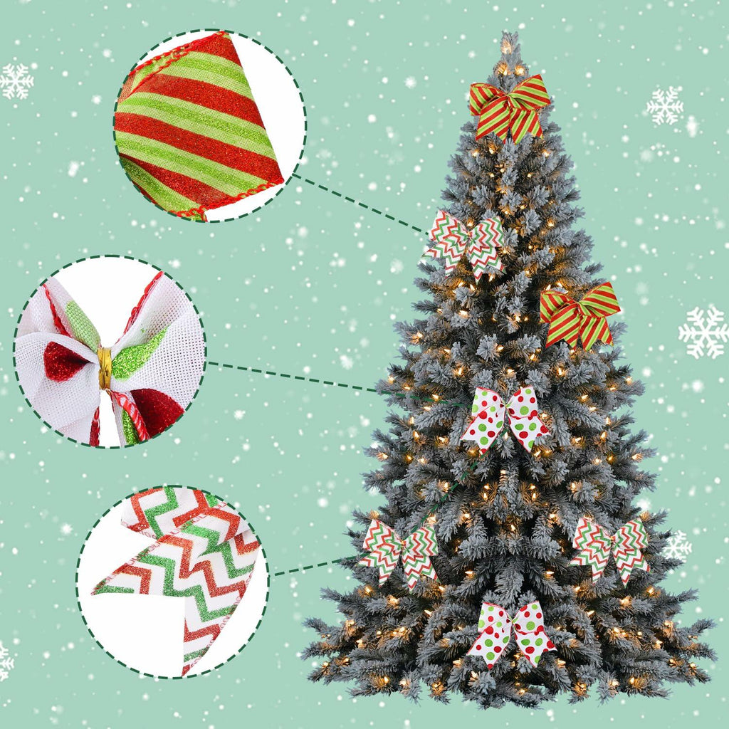 PEMIDA 12 Pcs Wave Stripe Christmas Bows 5 Inch Red Green Dots