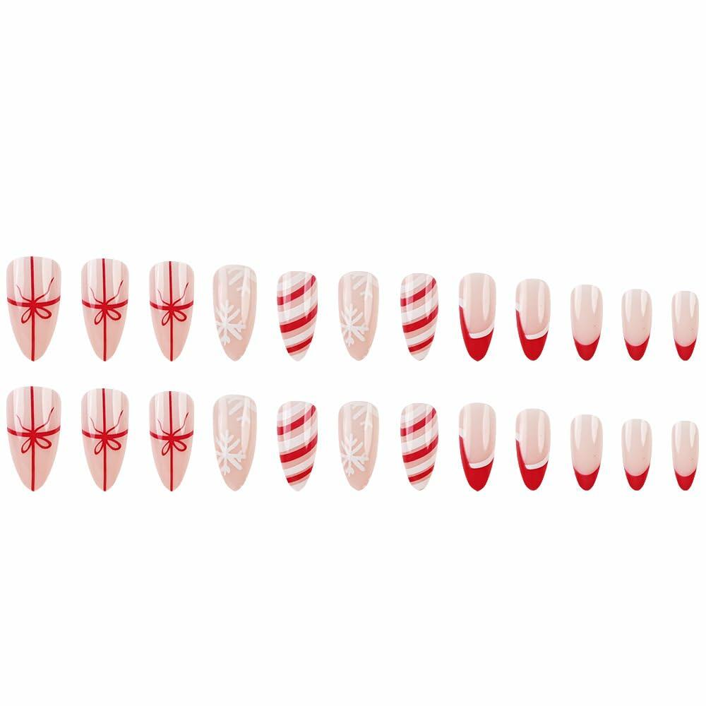 TANYOOTO Christmas Press On Nails Medium Almond Multicolor Snowflakes Bow