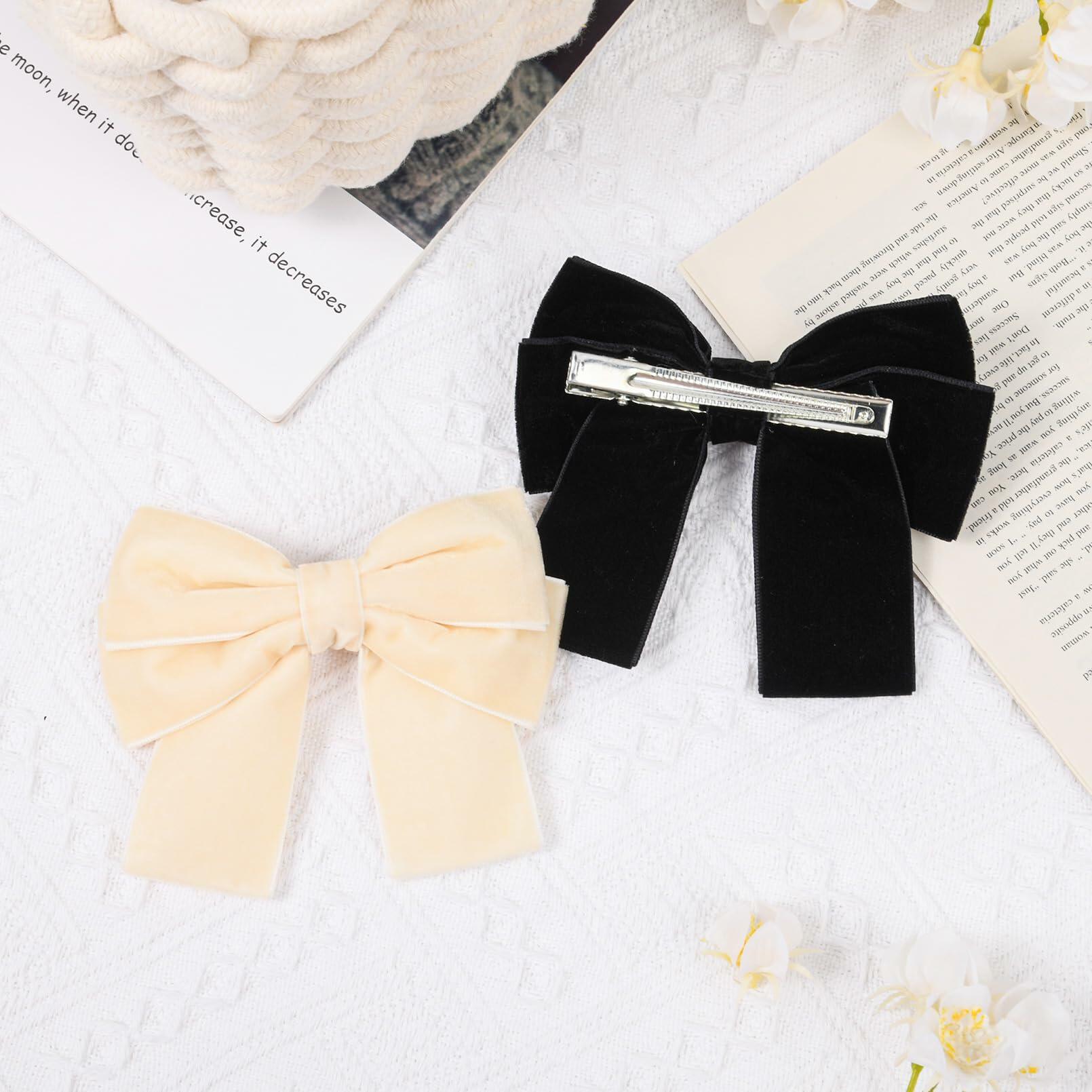 Aileam 2PCS Velvet Hair Bows Ribbon Clips Black Beige Alligator Clips