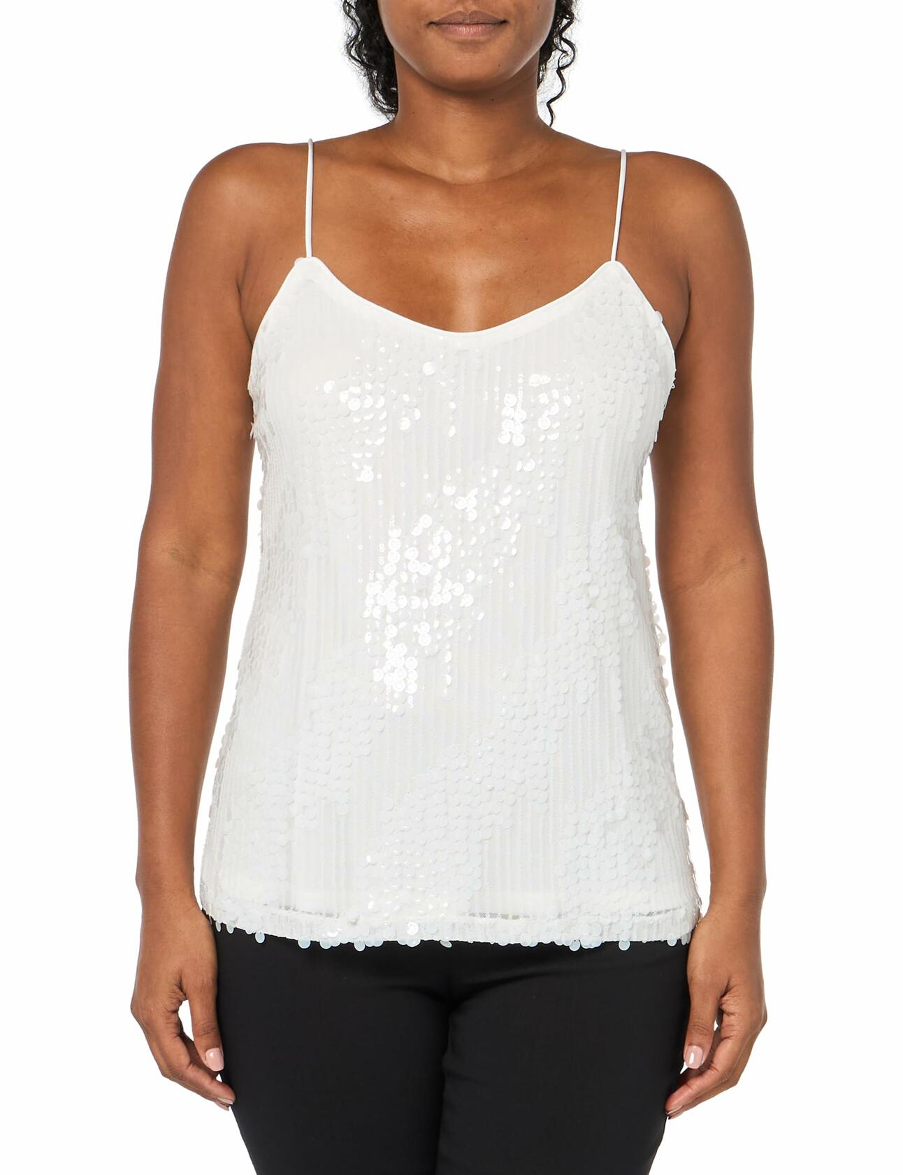 Anne Klein Missy Paillet Sequin Mesh V Neck Cami Bright White Size S