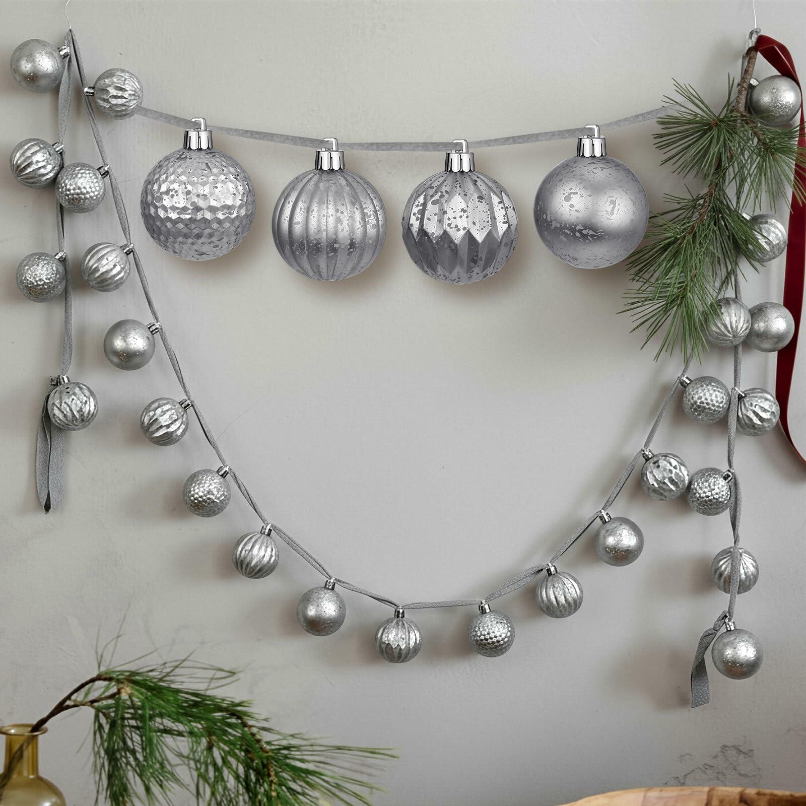 Motionchic 6.5ft Silver 24 Ball 2in Shatterproof Ornament Garland