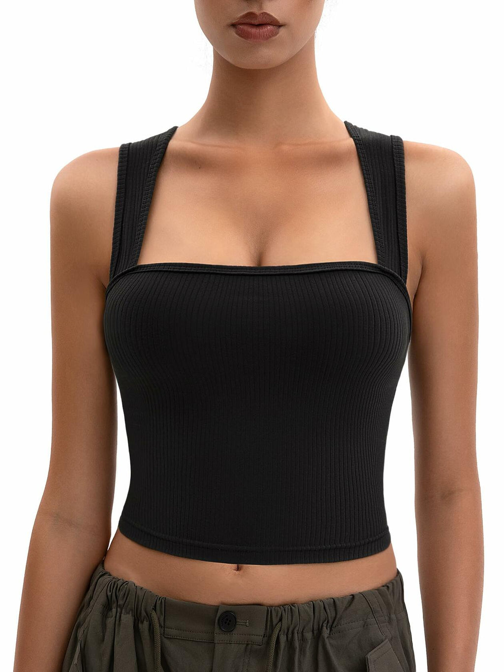 MOSSROZZ Crop Tank Top Black Ribbed Athletic Slim Fit Wide Strap Size XS
