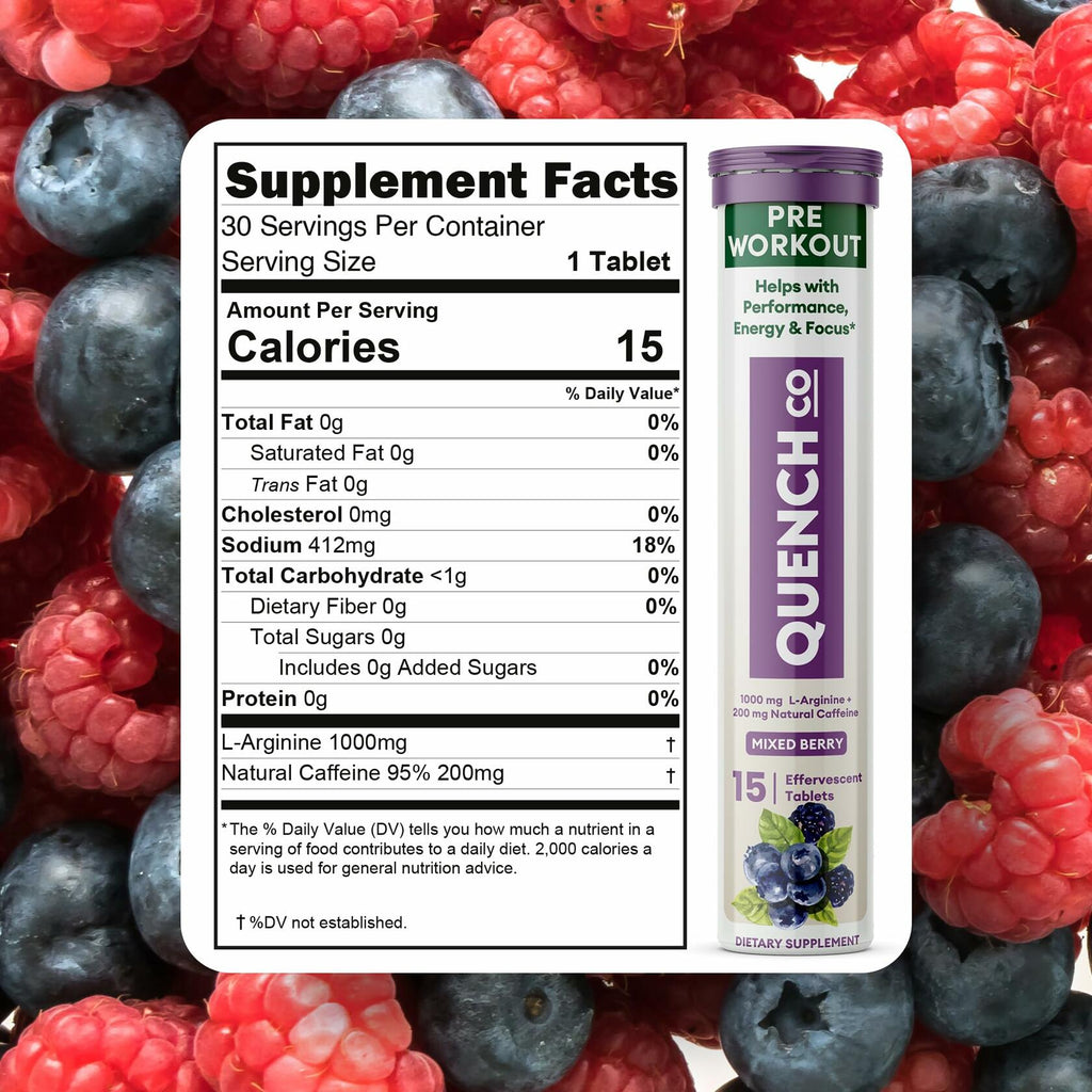 Quench Pre Workout Tablets Energy Focus Hydration Vegan 30ct EXP 04/2026