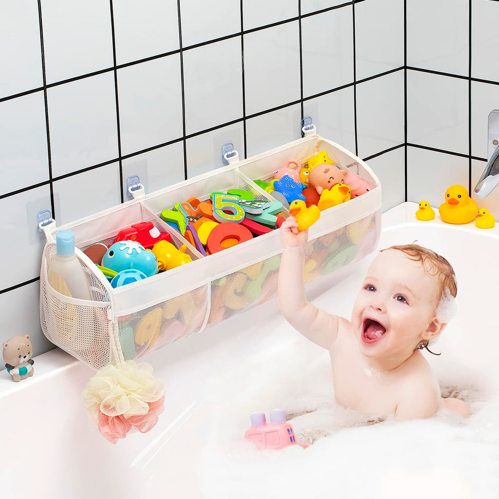 Austion 3 Compartment Horizontal Bath Toy Organizer Large White Mesh