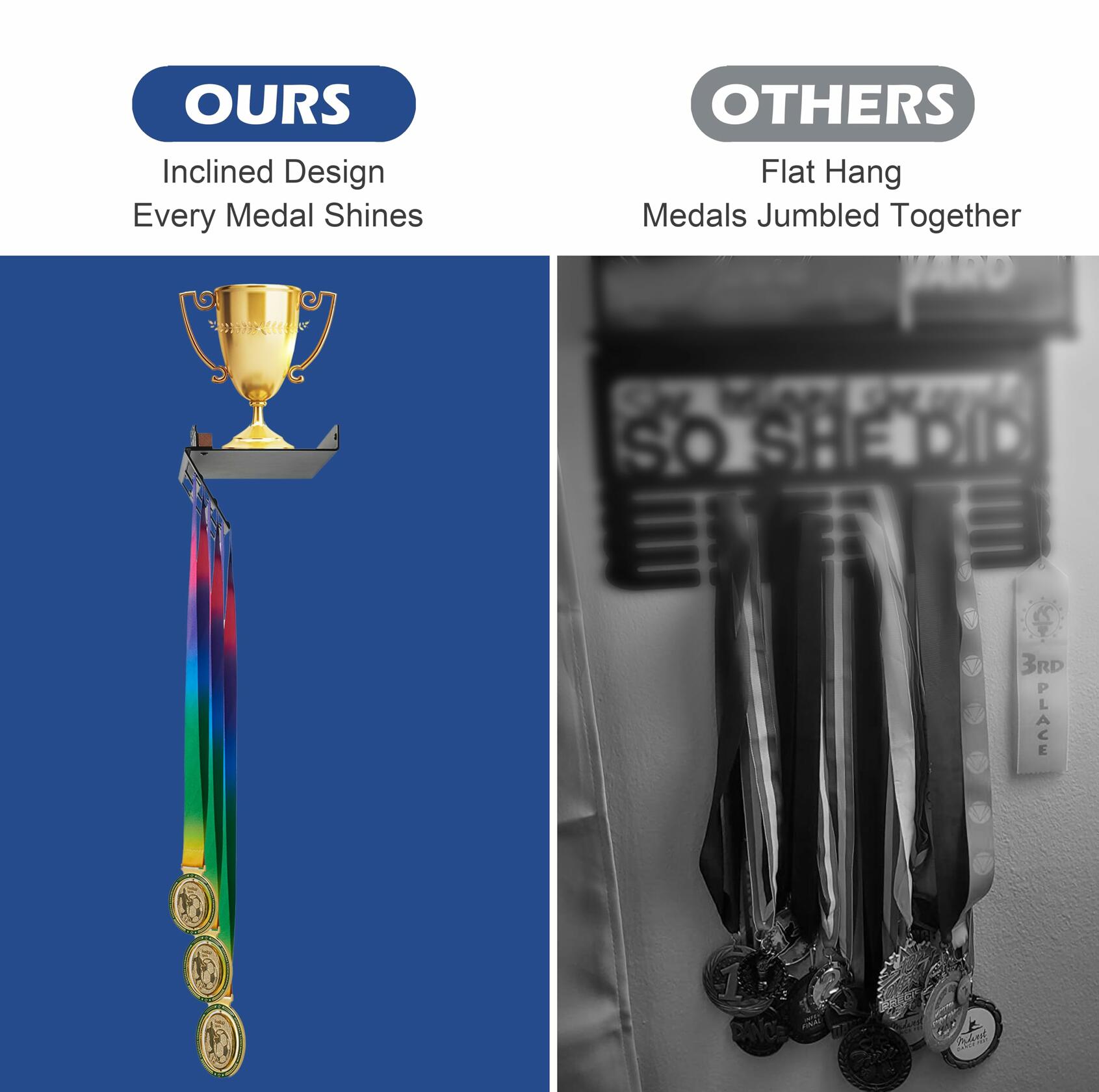 Datoua Medal Hanger Display & Trophy Shelf Combo 5.3" Deep Metal Black