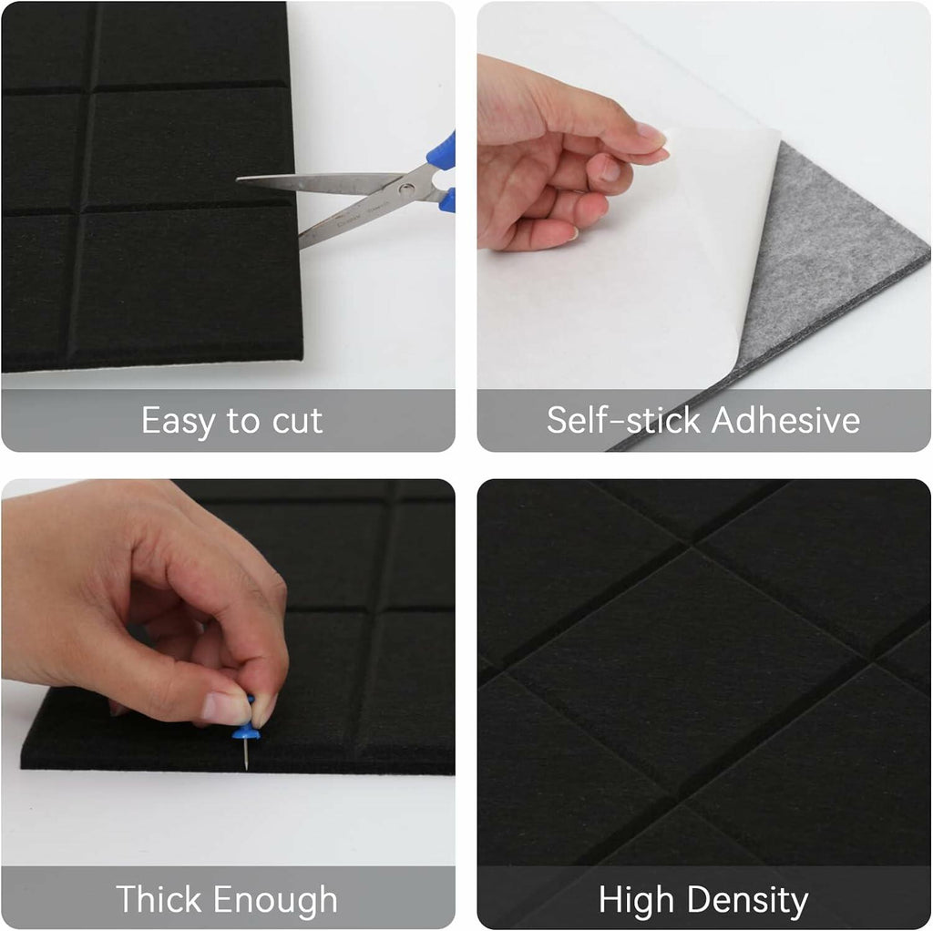 YUSALCEF 12 Pcs Large 11.8" Felt Bulletin Board Tiles Black with 60 Push Pins