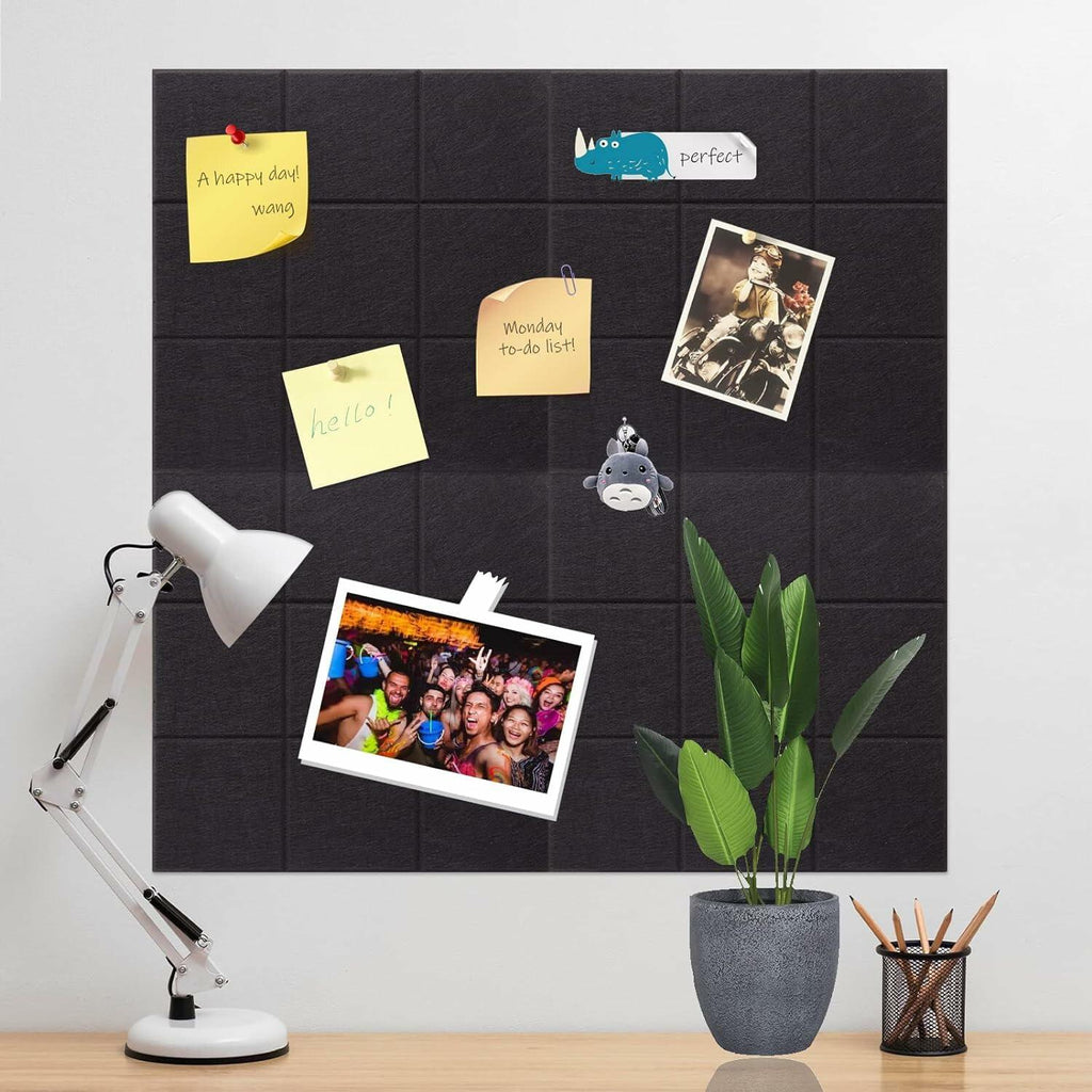 YUSALCEF 12 Pcs Large 11.8" Felt Bulletin Board Tiles Black with 60 Push Pins