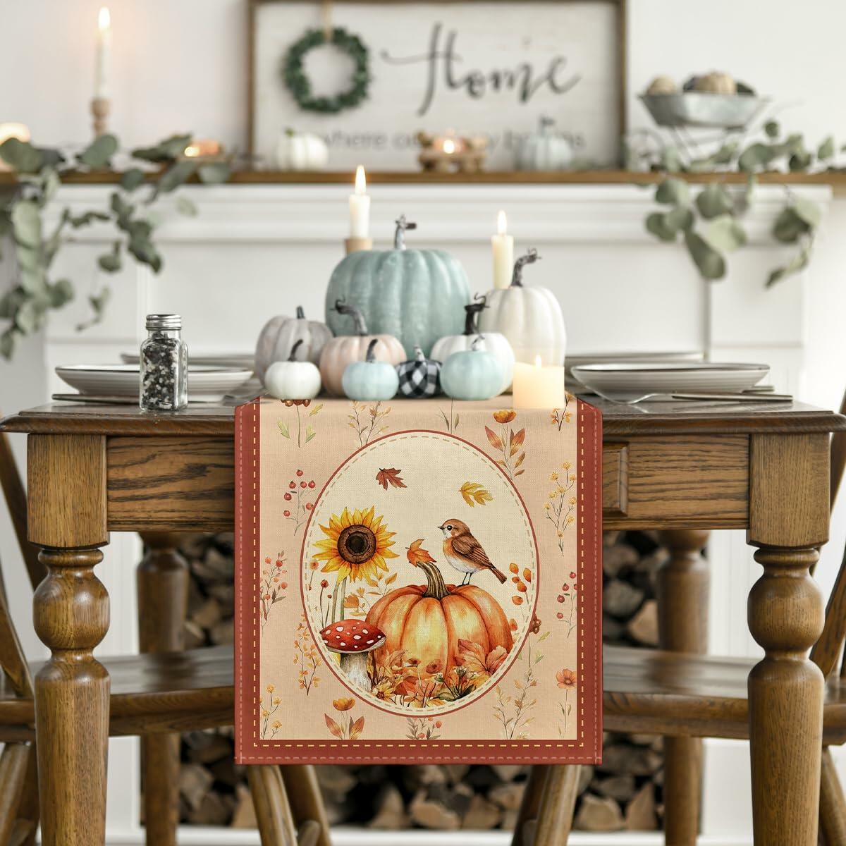 Artoid Mode Pumpkin Bird Floral Table Runner Red 13x72 Inch Rustic Bohemian